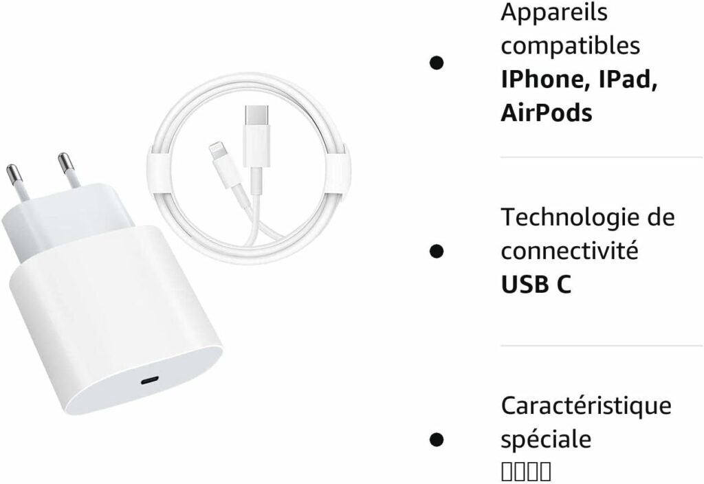 Chargeur Rapide USB C - Certifié MFi - Chargeur PD 20W avec câble 6FT C vers Lightning Adaptateur de Chargeur de Type C pour iPhone 14/14 Plus/14 Pro/14 Pro Max/13/12/11/SE/iPad Pro