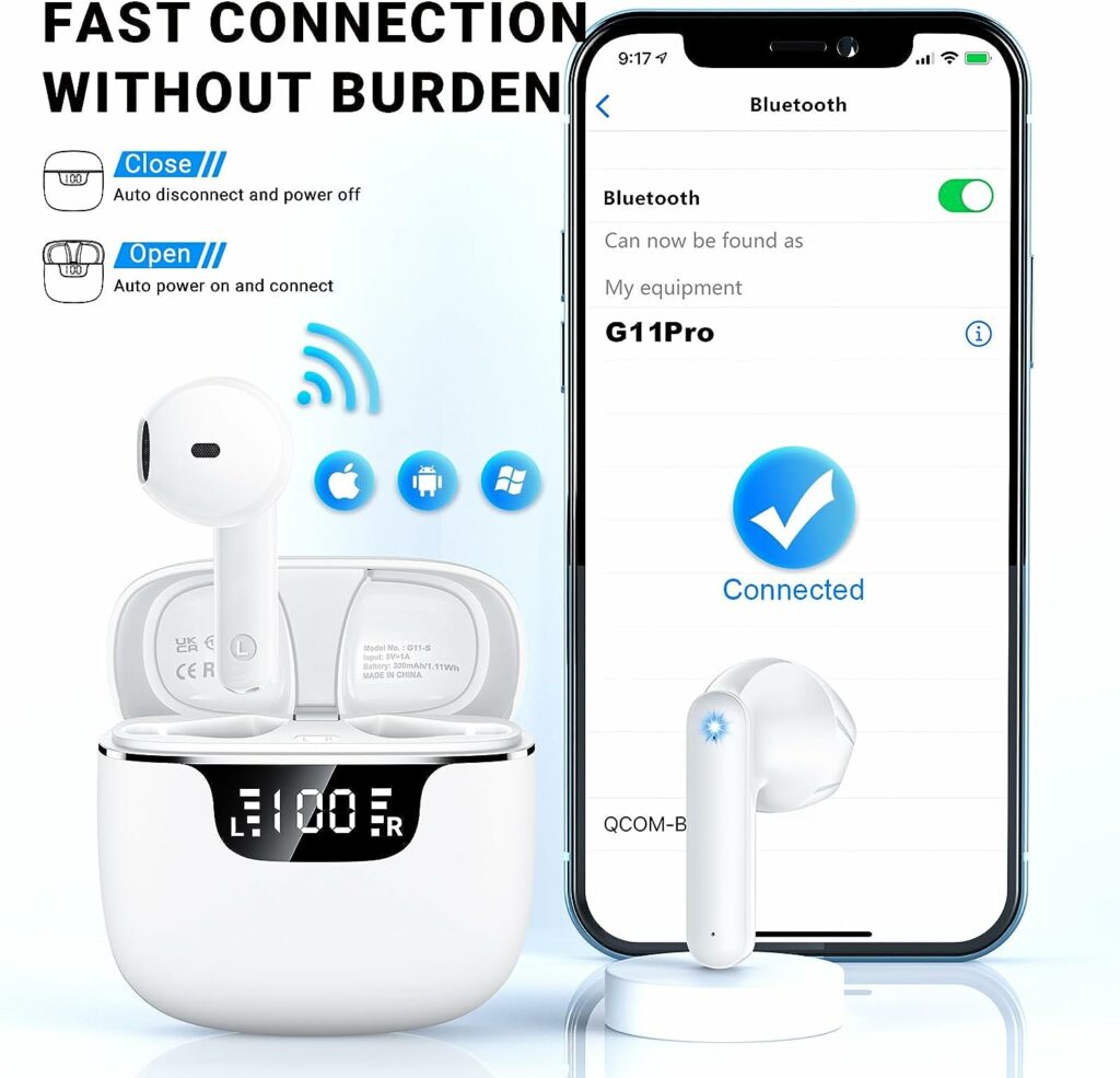 Ecouteurs Bluetooth sans Fil kauguo Ecouteurs Bluetooth 5.3 Écran LED HiFi Son Stéréo Écouteurs sans Fil à Réduction de Bruit ENC 4 Mic 42H Durée Lecture IPX6 Étanche Contrôle Tactile pour iOS Android