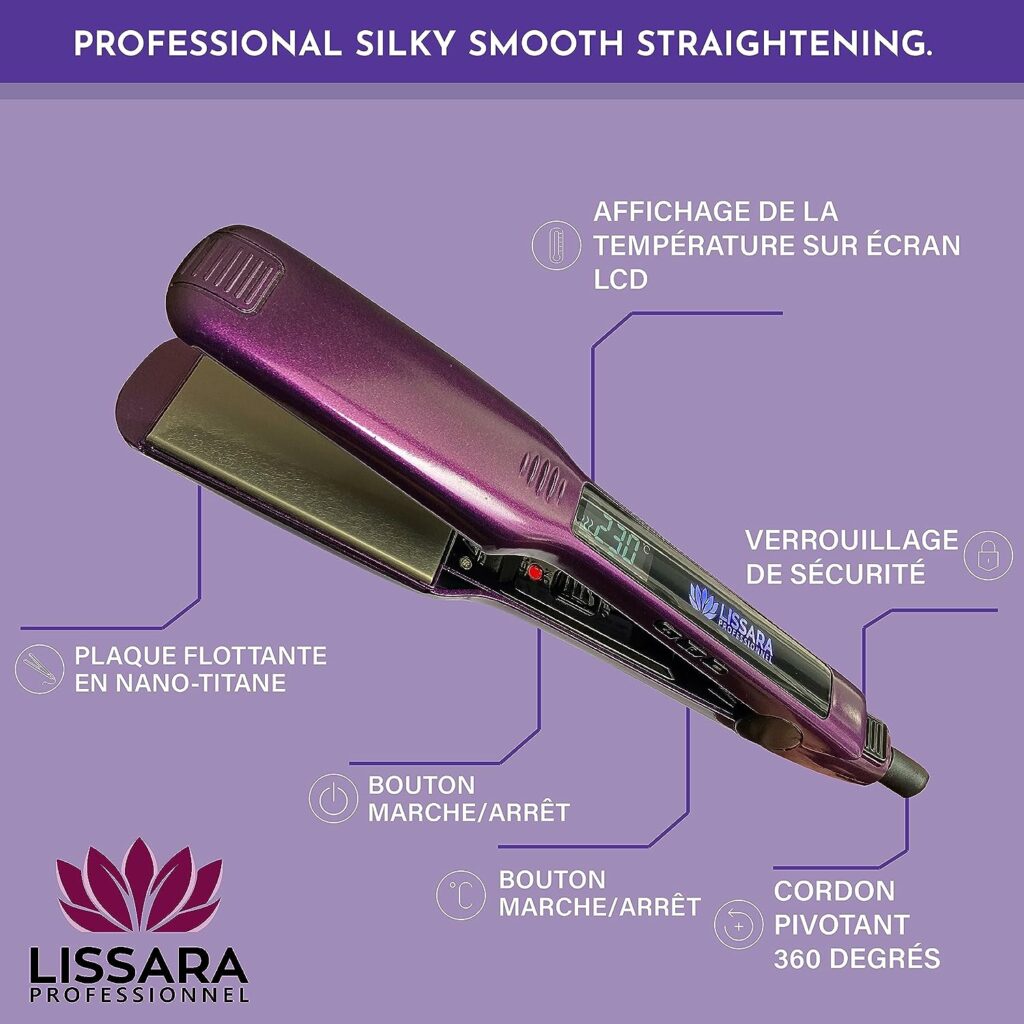 LISSARA - Fer à Lisser Professionnel - Plaques Larges en Nano Titanium et flottantes - Jusquà 230°C - Special Lissage Brésilien (Wide Evolv Violet)