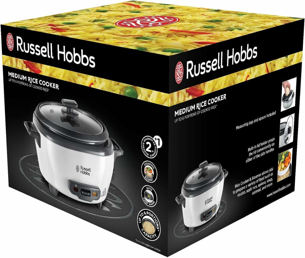 Russell Hobbs Cuiseur à riz petit [moyen] 0,8 l (incl. insert vapeur, fonction de réchauffage, marmite à revêtement antiadhésif, cuillère à riz et tasse à mesurer) mijoteuse pour légumes et poisson