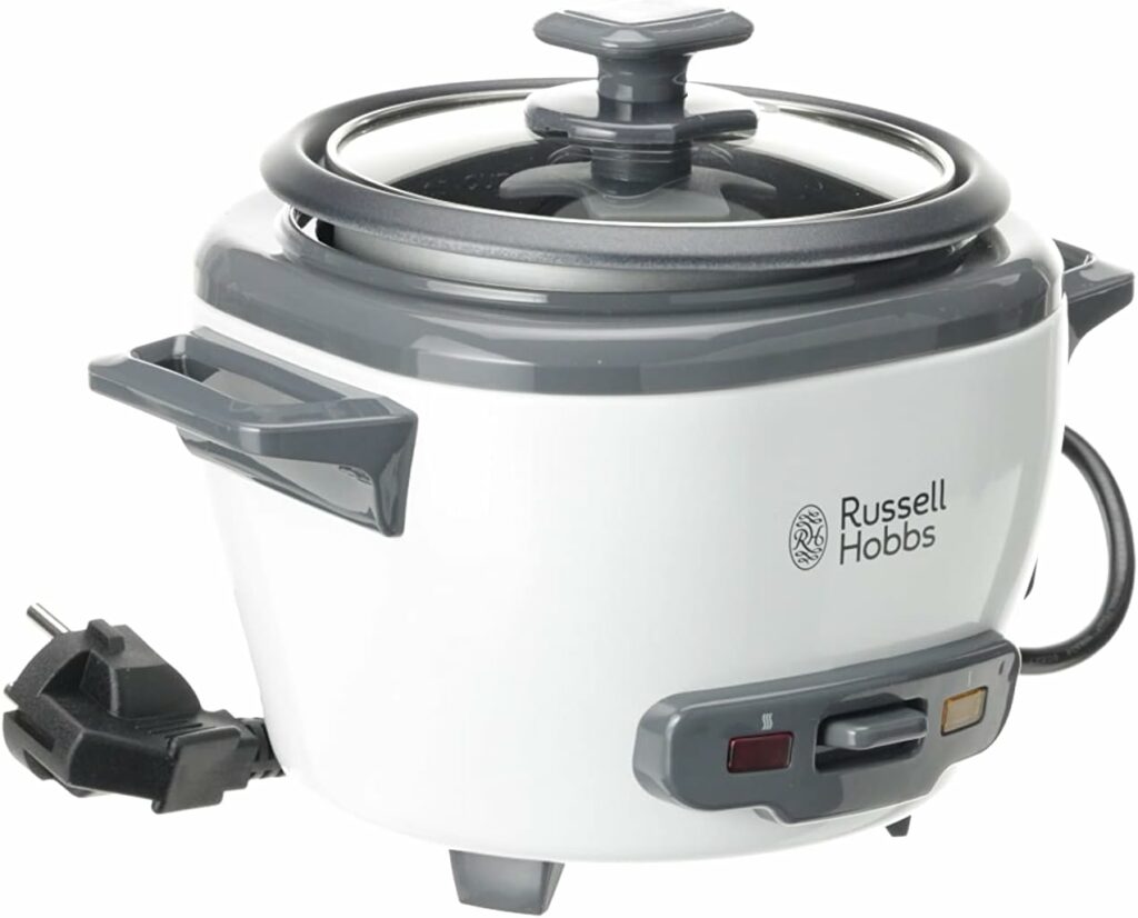 Russell Hobbs Petit cuiseur à riz, fonction de maintien au chaud automatique, Blanc/Noir, revêtement antiadhésif, sortie vapeur, passe au lave-vaisselle, 200 W - 0,4L