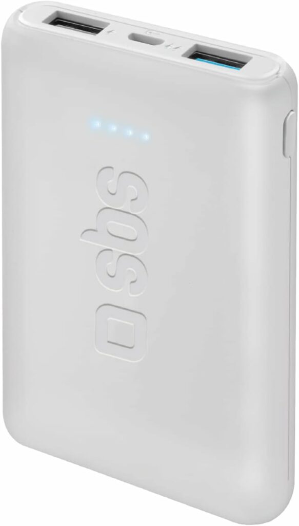 SBS Powerbank 5000 mAh Ultra Compact Rapid Charge, Mini batterie externe avec deux ports USB, format de poche et léger pour iPhone, Samsung, Xiaomi, Oppo, Huawei