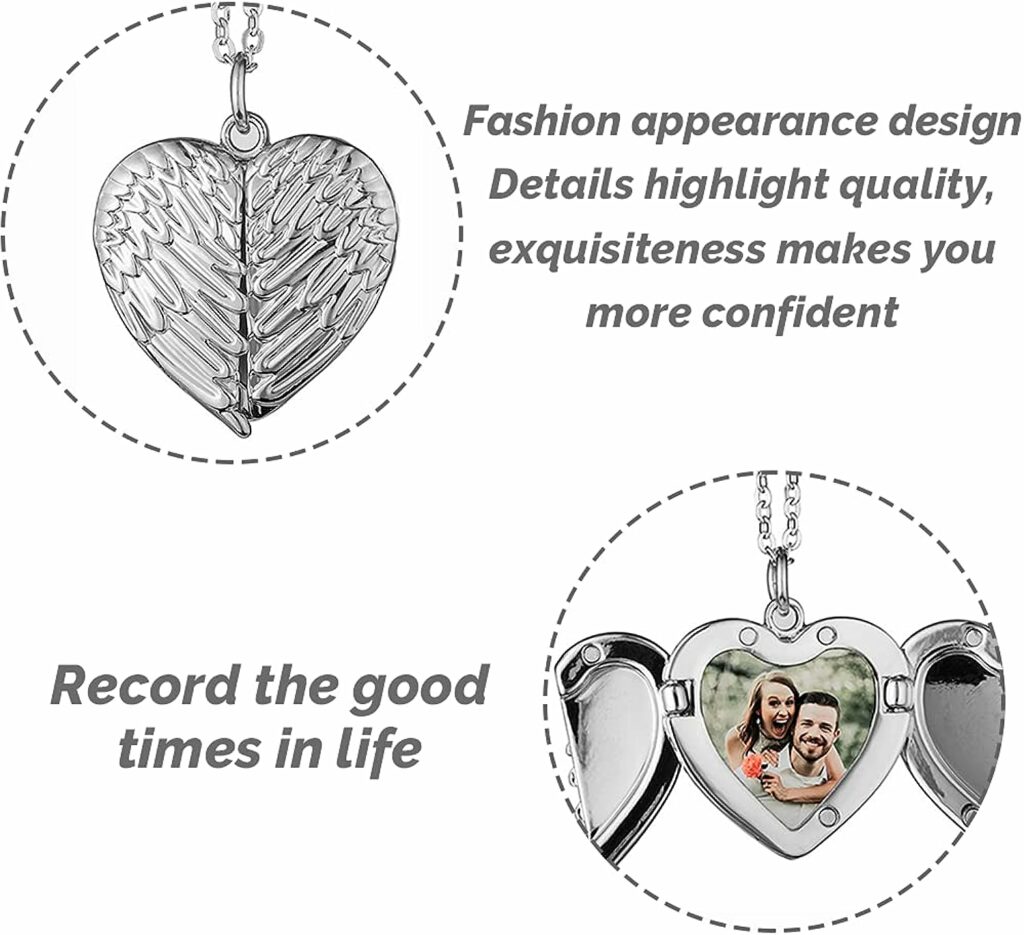 TOFBS Collier avec médaillon en forme de cœur et dailes dange - Photo personnalisée - Cadeau pour femme, fille, maman, petite amie, épouse