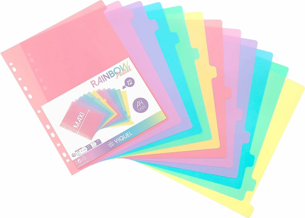 Viquel - Lot de 12 intercalaires en plastique Rainbow Pastel - Maxi format (24,5x30,5cm) - Pour classeur A4 Maxi format ou classeur à levier - Coloris pastel
