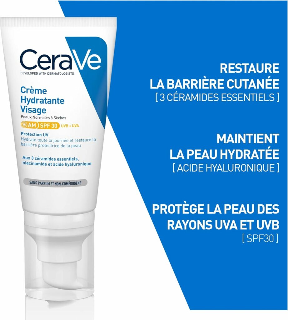CeraVe Crème Hydratante Visage SPF 30 | 52ml | Crème Visage Jour Hydratante 24h à lAcide Hyaluronique pour Peaux Normales à Sèches