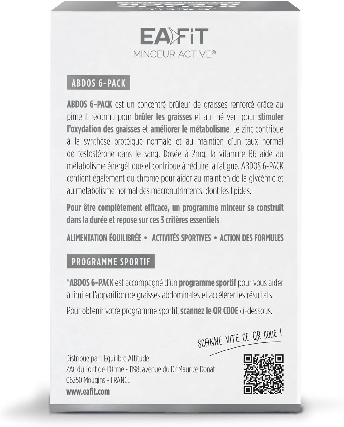 Eafit ABDOS 6-PACK - Brûle les graisses - Limite lapparition des graisses abdominales - Actif breveté - Programme Complet - Cure 1 mois - 120 comprimés