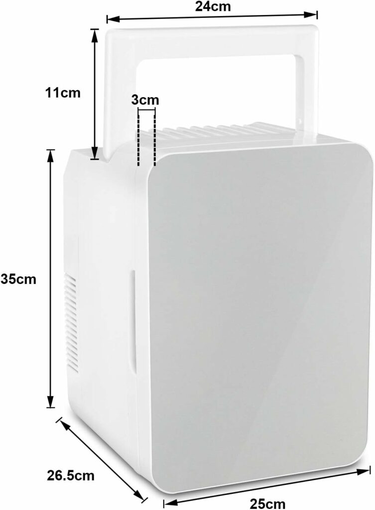 Fullwatt Mini Frigo de Chambre, 10L Mini Frigo Cosmetique,Portable Mini Refrigerateur 12V/220V,Fonction Chaud/Froid,Prise de Courant 220V et Connexion USB 12V,Argent