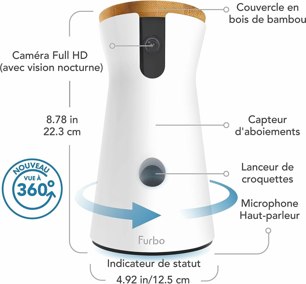 Furbo Caméra pour Chien 360°: Caméra avec Vue à 360°,Rotation, Lancer de friandises,Vision Nocturne en Couleur,panoramique HD 1080p,Audio bidirectionnel,alertes daboiement, conçue pour Les Chiens.