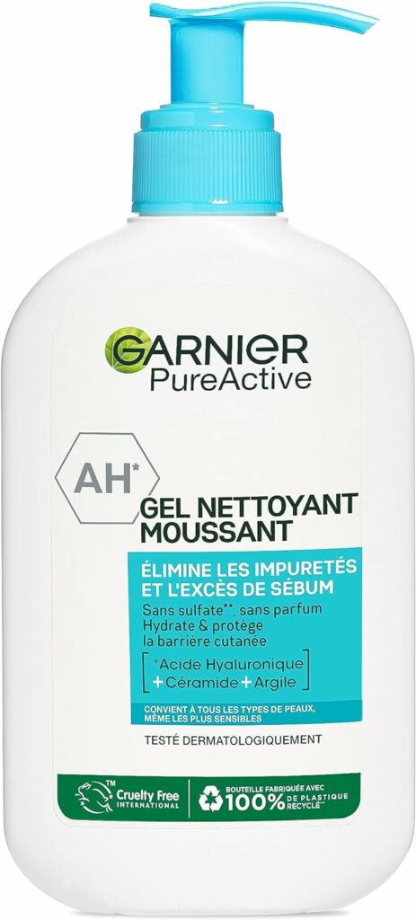 Garnier Pure Active - Gel Nettoyant Moussant Visage - Nettoie Hydrate - Enrichi en Acide Hyaluronique, Céramide Argile - Tous Types de Peaux - 250 ml